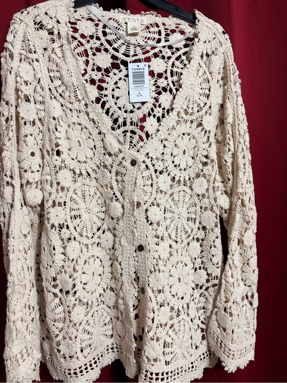 torrid Cream Openwork Crochet Button-Front Cardigan